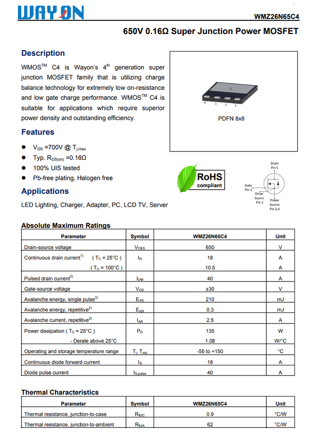 Wayon代理商，維安代理商，65W PD電源， 超結MOS管WMZ26N65C4 ， 同步整流管WMB085N10LG2