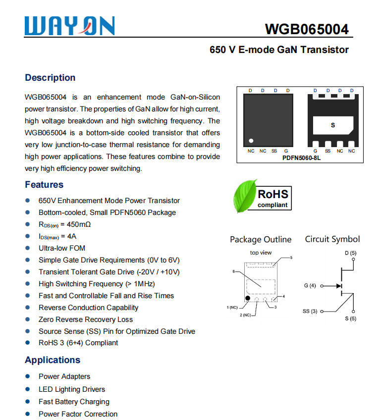 Wayon代理，維安代理，WGB065004，氮化鎵芯片， 650 V E-mode GaN Transistor