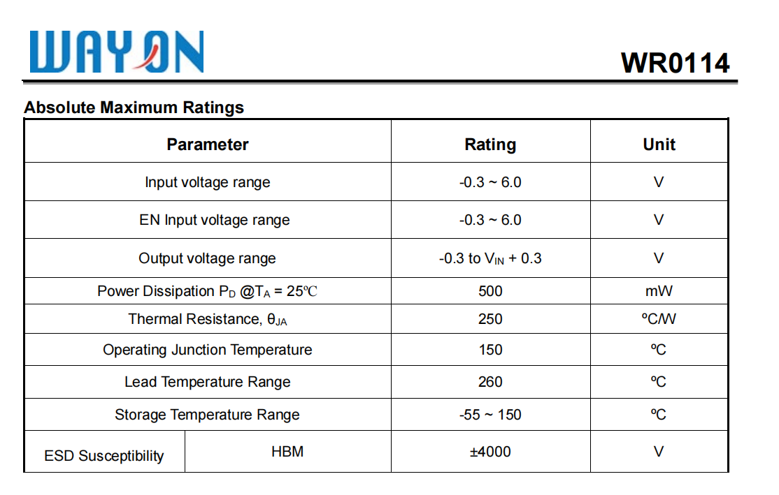 Wayon代理商，維安代理商，超低功耗0.7UA， CMOS LDO穩(wěn)壓器，WR0114系列， WR0114-33A50R， WR0114-30A50R