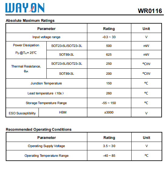 Wayon代理，維安代理，超低功耗CMOS LDO ，WR0116系列 ，WR0116-33A21R ，WR0116-33A51R， WR0116-33A31R