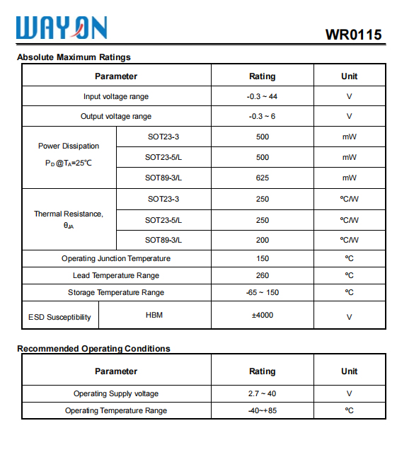 Wayon代理商，維安代理商，40V 150mA高壓穩(wěn)壓器LDO， WR0115系列， WR0115-33A30R ，WR0115-33A50R ，WR0115-33A20R