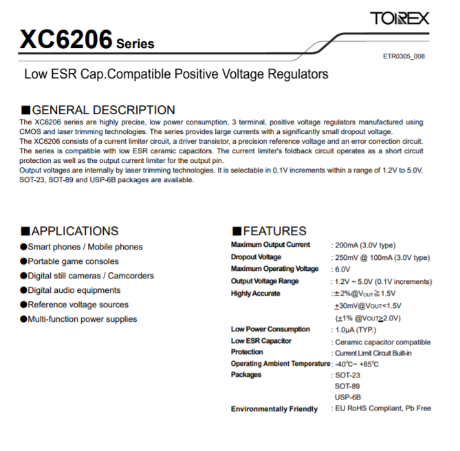 特瑞仕代理商，TOREX代理商，TOREX LDO線性穩(wěn)壓器，XC6206P332MR-G， XC6206J332MR-G ，XC6206P332PR.png