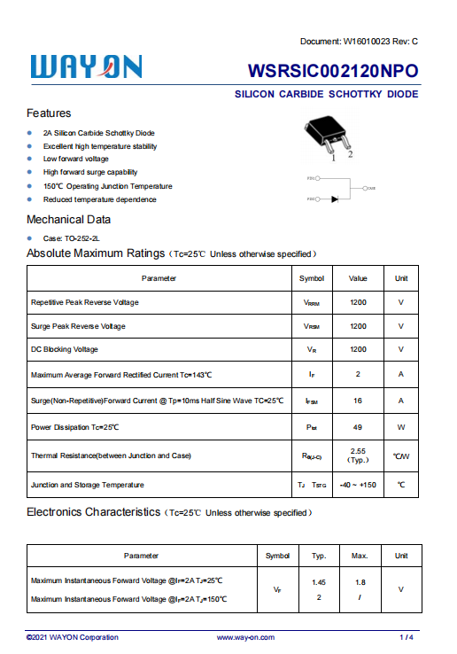 Wayon代理商，維安代理商，SiC Schottky Diode， 碳化硅肖特基二極管，WSRSIC002120NPO.png